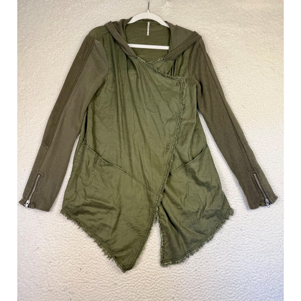 Free People Wrap Hoodie Womens S Green Hooded Military Fringe Button Lightweight